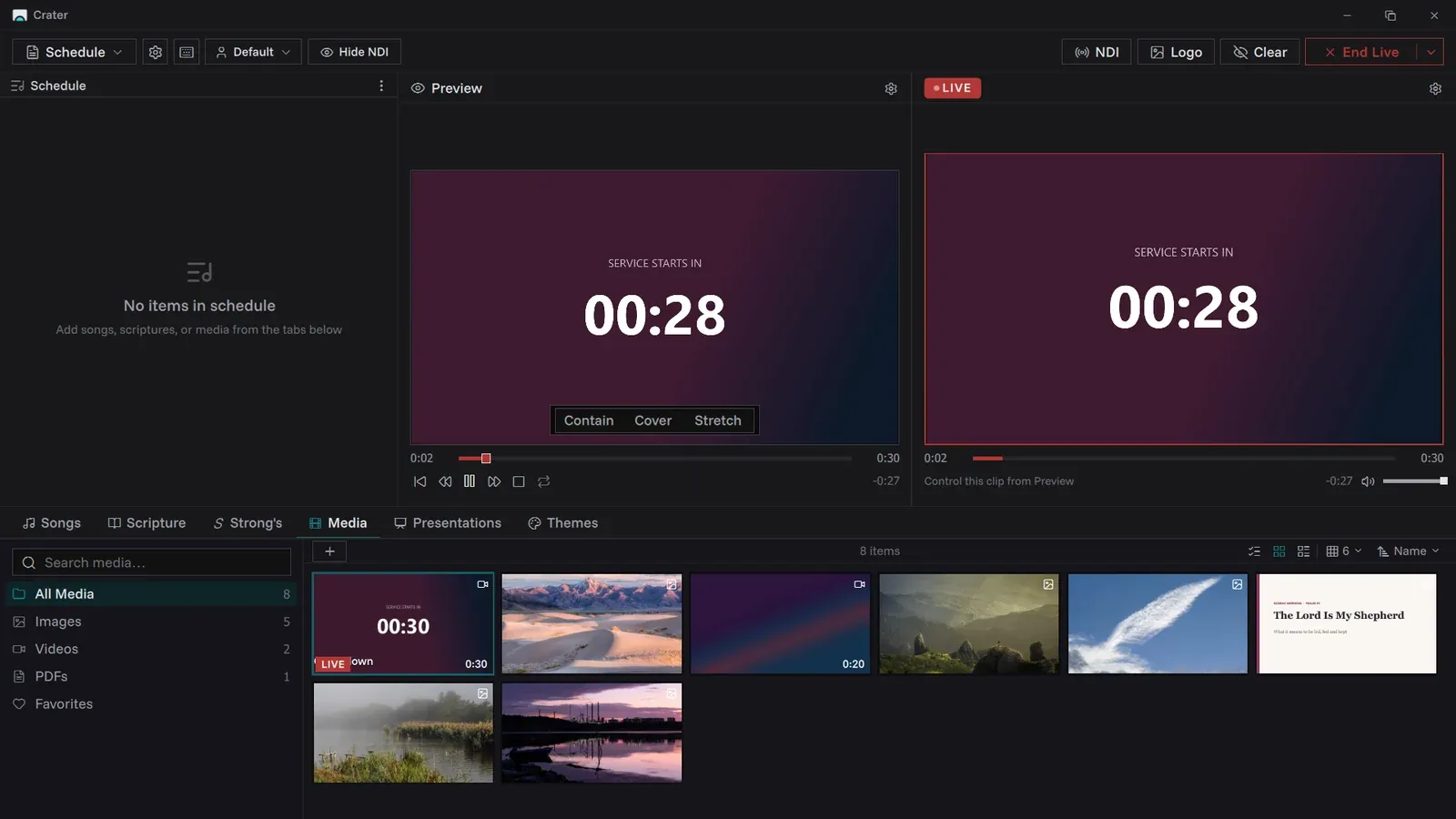 The media library with a countdown in preview and live