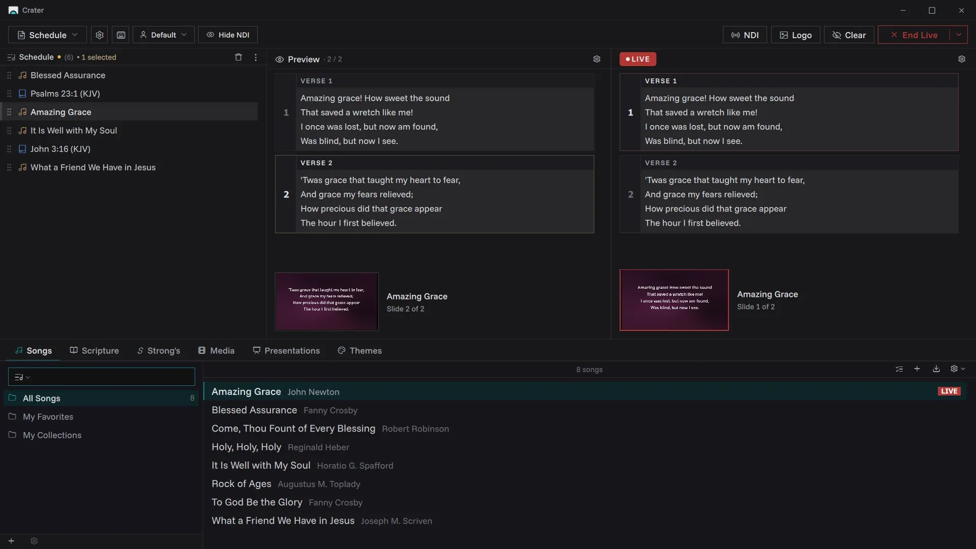 The Crater console with Amazing Grace live, the next verse lined up, and the song library below