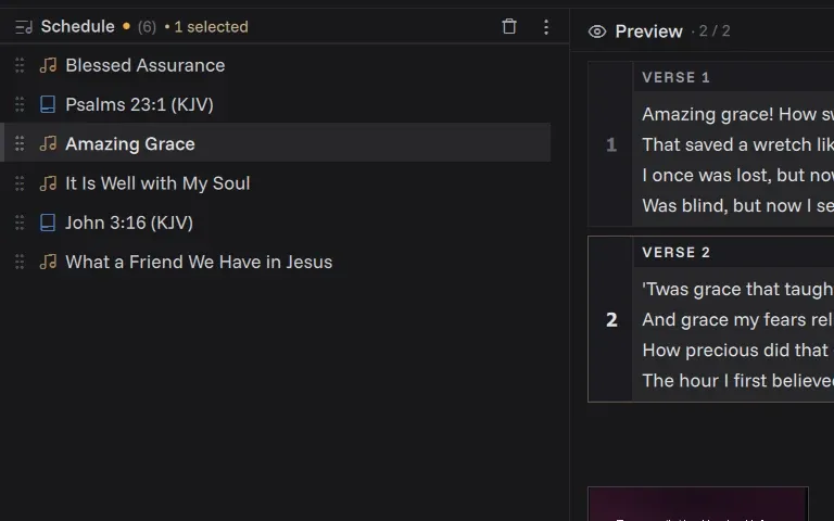 The schedule with songs, a reading, sermon slides and a video in order